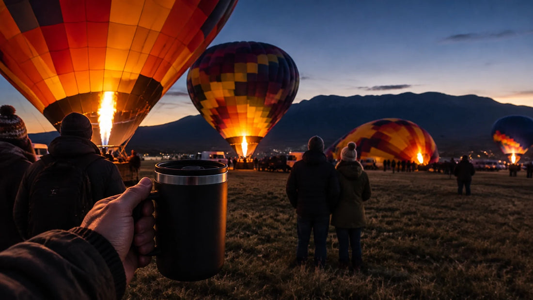 Early risers with coffee watching hot-air balloons fill the field before sunrise at Albuquerque International Balloon Fiesta 