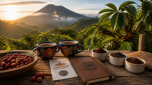 Nicaragua coffee highlands at dawn with Coppertop Coffee & Trading Co. and cTc branding
