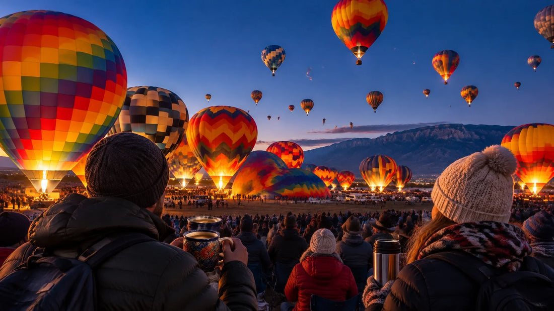 Pre-dawn Albuquerque International Balloon Fiesta with hot-air balloons and early-riser spectators carrying coffee thermoses